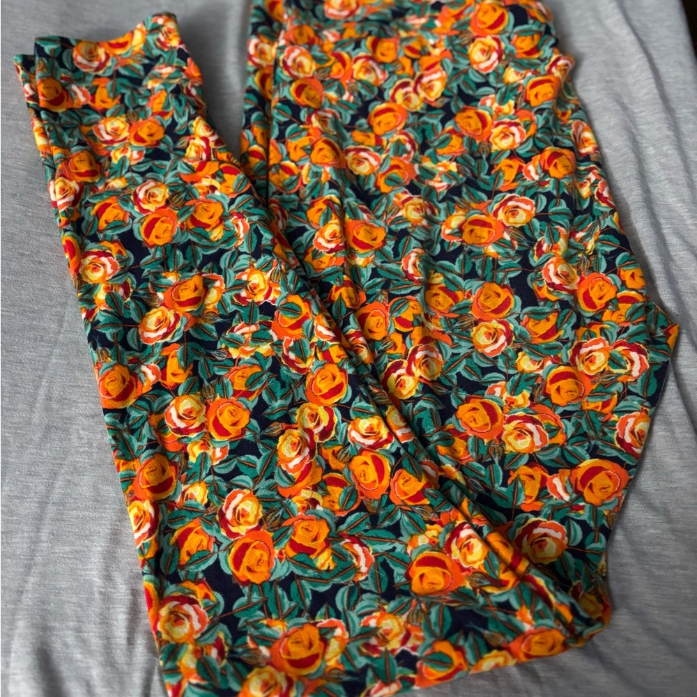 LuLaRoe Vibrant Orange and Green Floral Leggings